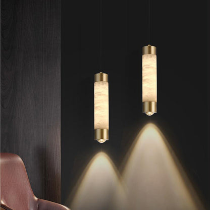 Contemporary Luxury Brass and Alabaster Cylinder LED Pendant Light for Bedroom