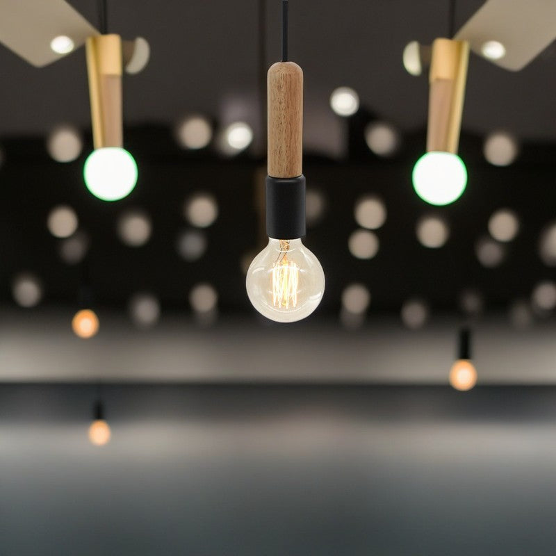Modern Minimalist Wood & Metal Cylindrical 1-Light Pendant Light For Living Room