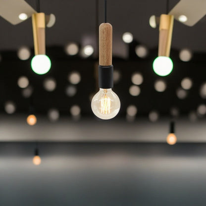 Modern Minimalist Wood & Metal Cylindrical 1-Light Pendant Light For Living Room