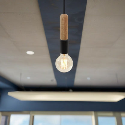 Modern Minimalist Wood & Metal Cylindrical 1-Light Pendant Light For Living Room