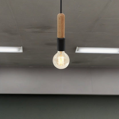 Modern Minimalist Wood & Metal Cylindrical 1-Light Pendant Light For Living Room