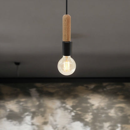Modern Minimalist Wood & Metal Cylindrical 1-Light Pendant Light For Living Room