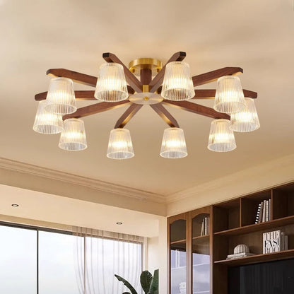 Traditional Chinese Copper Wood Glass Branch Globe Cylinder 5/6/8/10 Light Semi-flush Mount Ceiling Light for Living Room