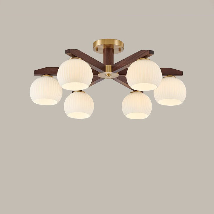 Traditional Chinese Copper Wood Glass Branch Globe Cylinder 5/6/8/10 Light Semi-flush Mount Ceiling Light for Living Room