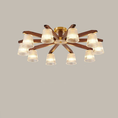 Traditional Chinese Copper Wood Glass Branch Globe Cylinder 5/6/8/10 Light Semi-flush Mount Ceiling Light for Living Room