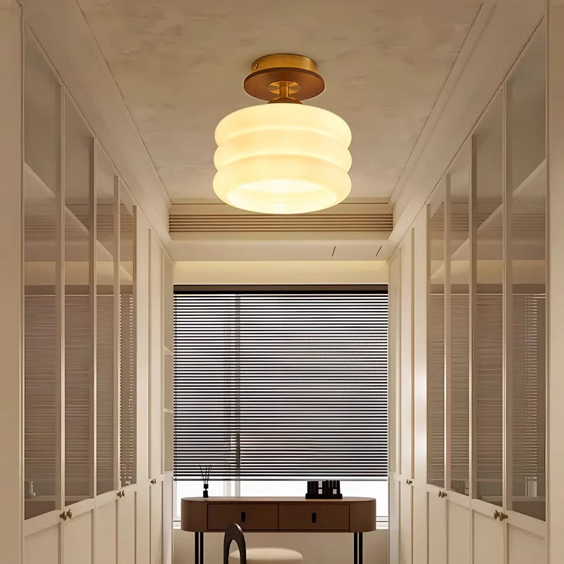 Contemporary Retro Walnut Wood Metal Glass Floral 1-light Semi-flush Mount Ceiling Light for Living Room