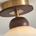 Contemporary Retro Walnut Wood Metal Glass Floral 1-light Semi-flush Mount Ceiling Light for Living Room