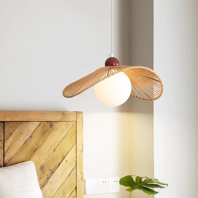 Contemporary Retro Iron Rattan & Glass Hat-Shaped 1-Light Pendant Light For Living Room