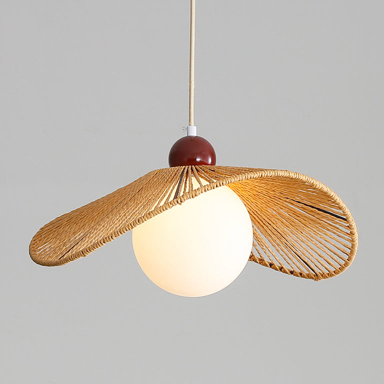 Contemporary Retro Iron Rattan & Glass Hat-Shaped 1-Light Pendant Light For Living Room