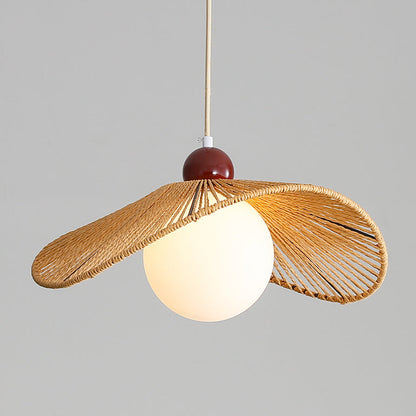 Contemporary Retro Iron Rattan & Glass Hat-Shaped 1-Light Pendant Light For Living Room