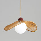 Contemporary Retro Iron Rattan & Glass Hat-Shaped 1-Light Pendant Light For Living Room