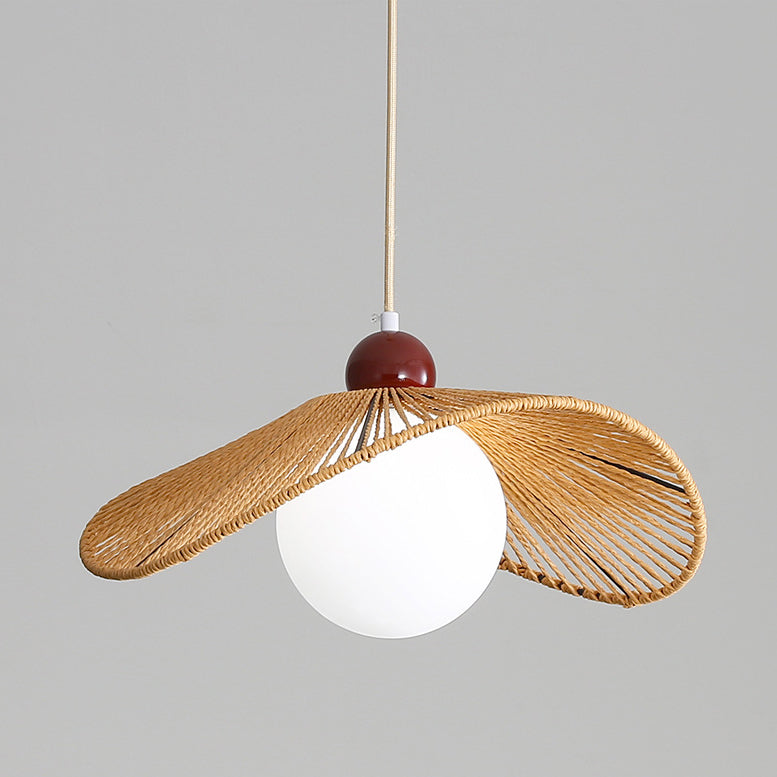 Contemporary Retro Iron Rattan & Glass Hat-Shaped 1-Light Pendant Light For Living Room
