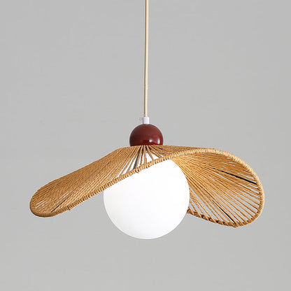 Contemporary Retro Iron Rattan & Glass Hat-Shaped 1-Light Pendant Light For Living Room