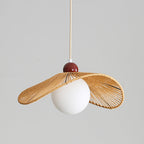 Contemporary Retro Iron Rattan & Glass Hat-Shaped 1-Light Pendant Light For Living Room