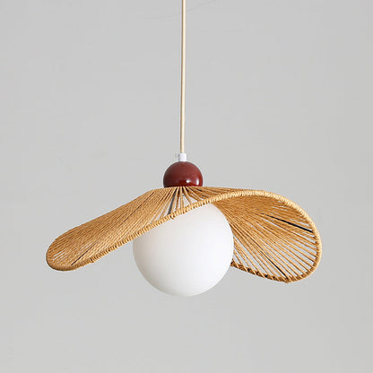 Contemporary Retro Iron Rattan & Glass Hat-Shaped 1-Light Pendant Light For Living Room