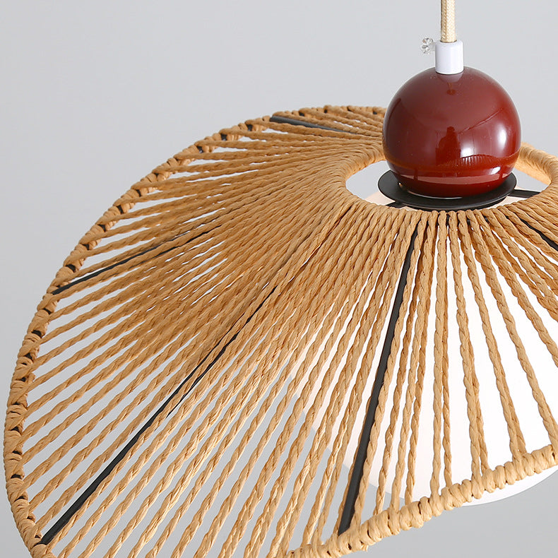Contemporary Retro Iron Rattan & Glass Hat-Shaped 1-Light Pendant Light For Living Room