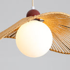 Contemporary Retro Iron Rattan & Glass Hat-Shaped 1-Light Pendant Light For Living Room