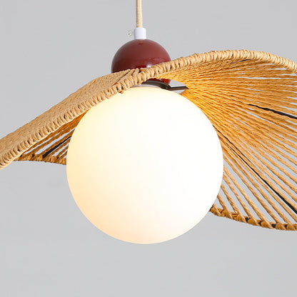 Contemporary Retro Iron Rattan & Glass Hat-Shaped 1-Light Pendant Light For Living Room