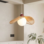 Contemporary Retro Iron Rattan & Glass Hat-Shaped 1-Light Pendant Light For Living Room