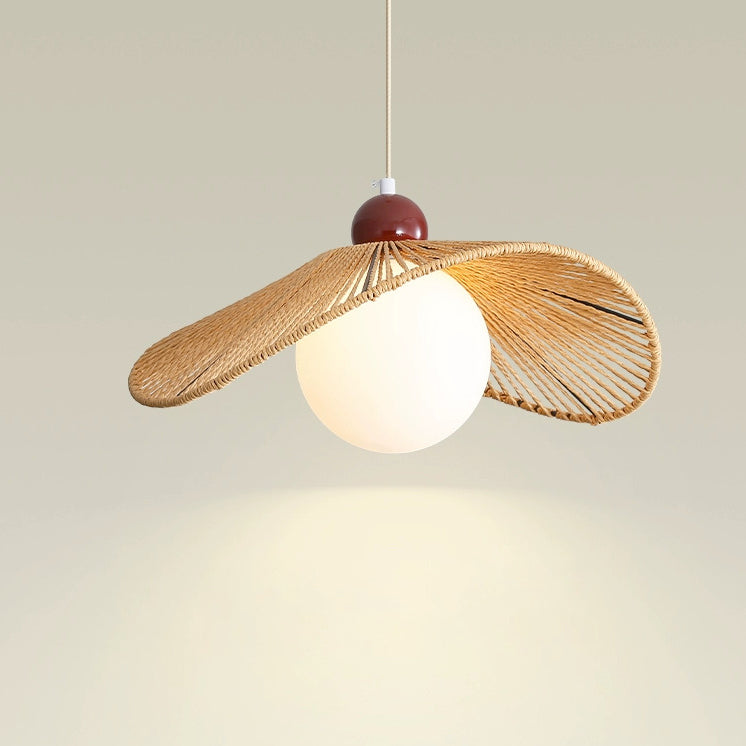 Contemporary Retro Iron Rattan & Glass Hat-Shaped 1-Light Pendant Light For Living Room