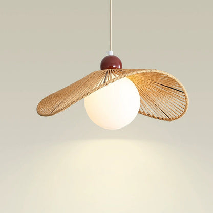 Contemporary Retro Iron Rattan & Glass Hat-Shaped 1-Light Pendant Light For Living Room