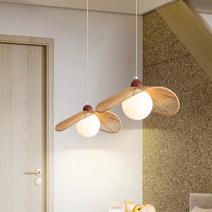 Contemporary Retro Iron Rattan & Glass Hat-Shaped 1-Light Pendant Light For Living Room
