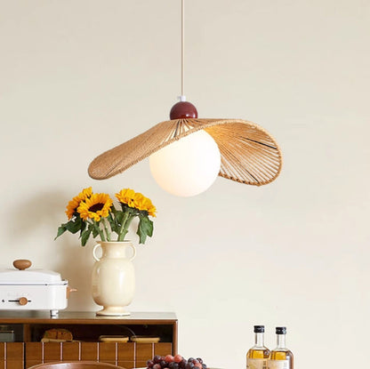 Contemporary Retro Iron Rattan & Glass Hat-Shaped 1-Light Pendant Light For Living Room
