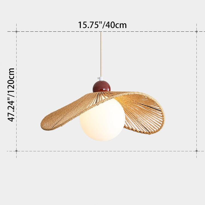 Contemporary Retro Iron Rattan & Glass Hat-Shaped 1-Light Pendant Light For Living Room