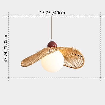 Contemporary Retro Iron Rattan & Glass Hat-Shaped 1-Light Pendant Light For Living Room
