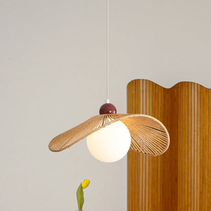Contemporary Retro Iron Rattan & Glass Hat-Shaped 1-Light Pendant Light For Living Room