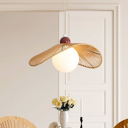 Contemporary Retro Iron Rattan & Glass Hat-Shaped 1-Light Pendant Light For Living Room