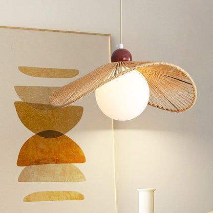Contemporary Retro Iron Rattan & Glass Hat-Shaped 1-Light Pendant Light For Living Room