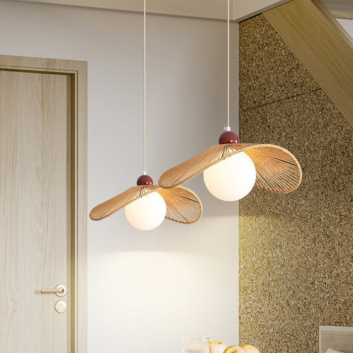Contemporary Retro Iron Rattan & Glass Hat-Shaped 1-Light Pendant Light For Living Room