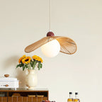 Contemporary Retro Iron Rattan & Glass Hat-Shaped 1-Light Pendant Light For Living Room