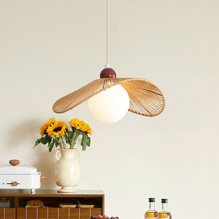 Contemporary Retro Iron Rattan & Glass Hat-Shaped 1-Light Pendant Light For Living Room