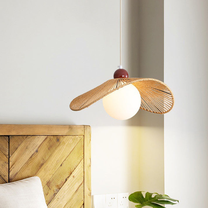 Contemporary Retro Iron Rattan & Glass Hat-Shaped 1-Light Pendant Light For Living Room