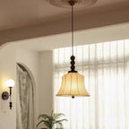 Modern Mid-Century Wood & Fabric Round Floral 1-Light Pendant Light For Living Room
