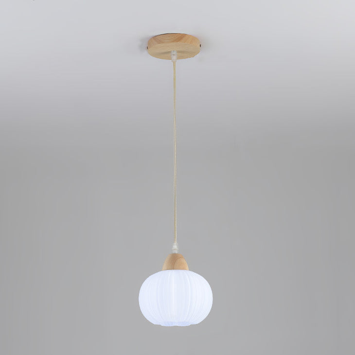 Contemporary Nordic Solid Wood & Acrylic Floral Stripe Round 1-Light Pendant Light For Living Room