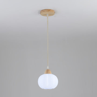 Contemporary Nordic Solid Wood & Acrylic Floral Stripe Round 1-Light Pendant Light For Living Room