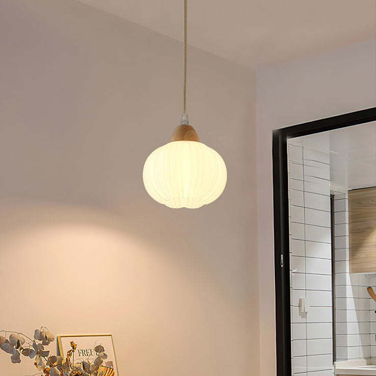 Contemporary Nordic Solid Wood & Acrylic Floral Stripe Round 1-Light Pendant Light For Living Room