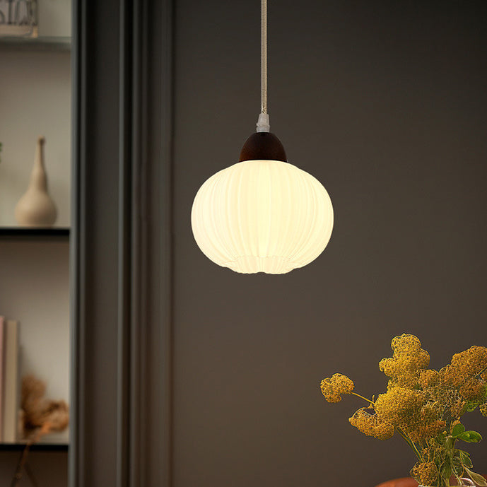 Contemporary Nordic Solid Wood & Acrylic Floral Stripe Round 1-Light Pendant Light For Living Room