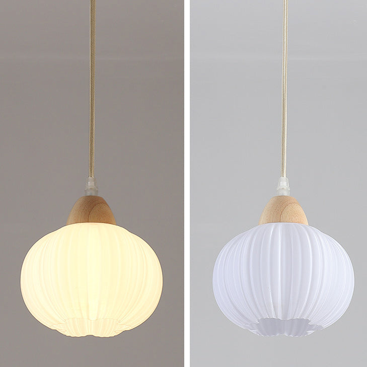 Contemporary Nordic Solid Wood & Acrylic Floral Stripe Round 1-Light Pendant Light For Living Room