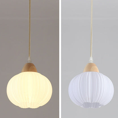 Contemporary Nordic Solid Wood & Acrylic Floral Stripe Round 1-Light Pendant Light For Living Room