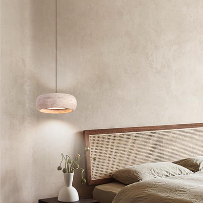 Contemporary Nordic Travertine and Walnut Oval LED Pendant Light for Bedroom