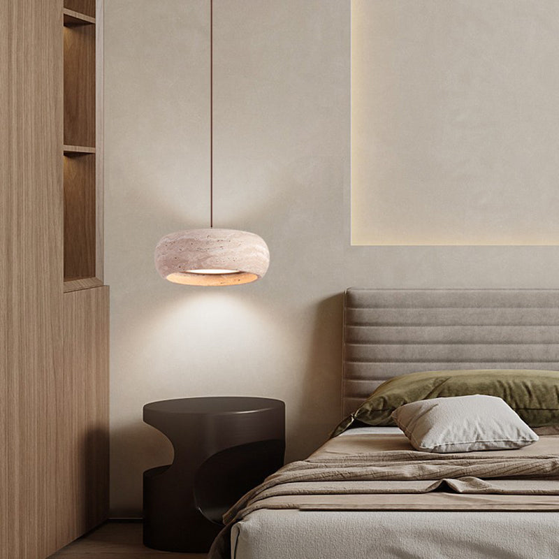 Contemporary Nordic Travertine and Walnut Oval LED Pendant Light for Bedroom