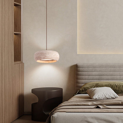 Contemporary Nordic Travertine and Walnut Oval LED Pendant Light for Bedroom