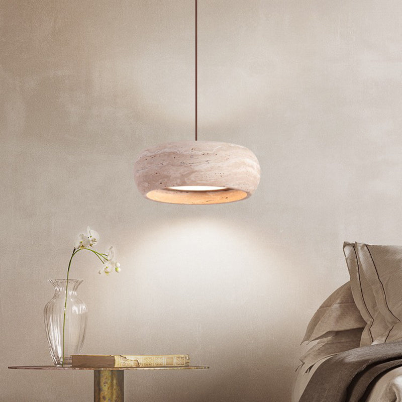 Contemporary Nordic Travertine and Walnut Oval LED Pendant Light for Bedroom