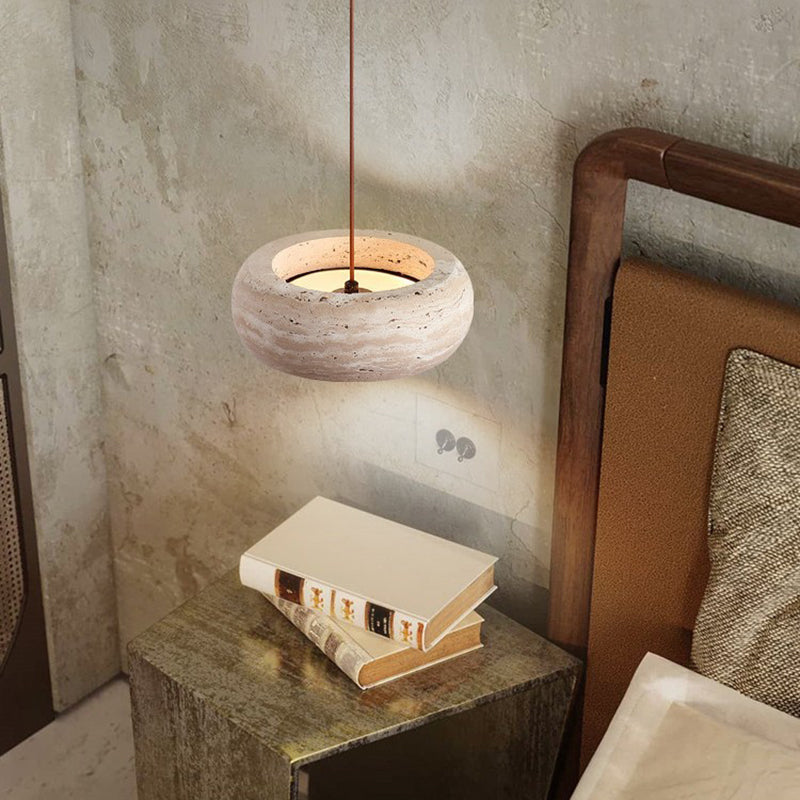 Contemporary Nordic Travertine and Walnut Oval LED Pendant Light for Bedroom