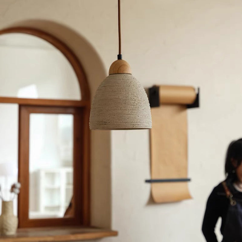 Modern Mid-century Wood & Cement Round Dome 1-light Pendant Light for Living Room