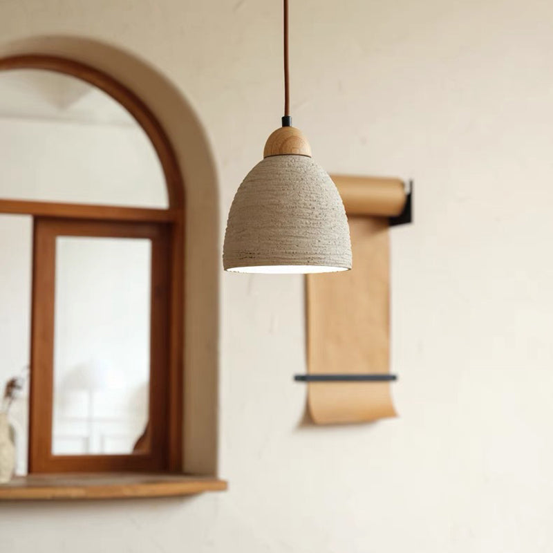 Modern Mid-century Wood & Cement Round Dome 1-light Pendant Light for Living Room